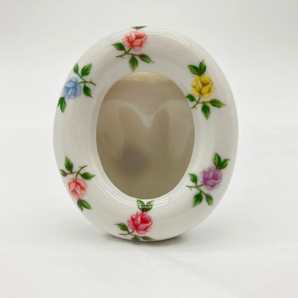 Takahashi Photo Frame Vintage Porcelain White Floral Oval Heart Back Japan
